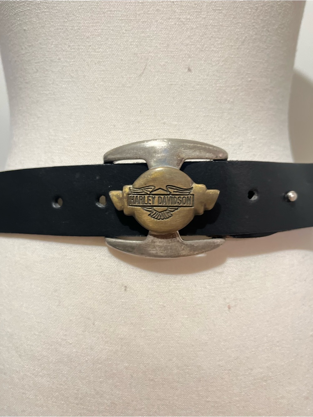 Harley-Davidson Black Leather Belt with Two-Tone Brass & Silver Emblem Buckle